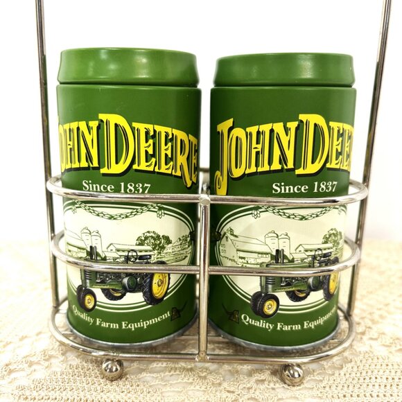 John Deere Metal Salt and Pepper Shaker Set w/ Caddy EUC - Picture 3 of 11